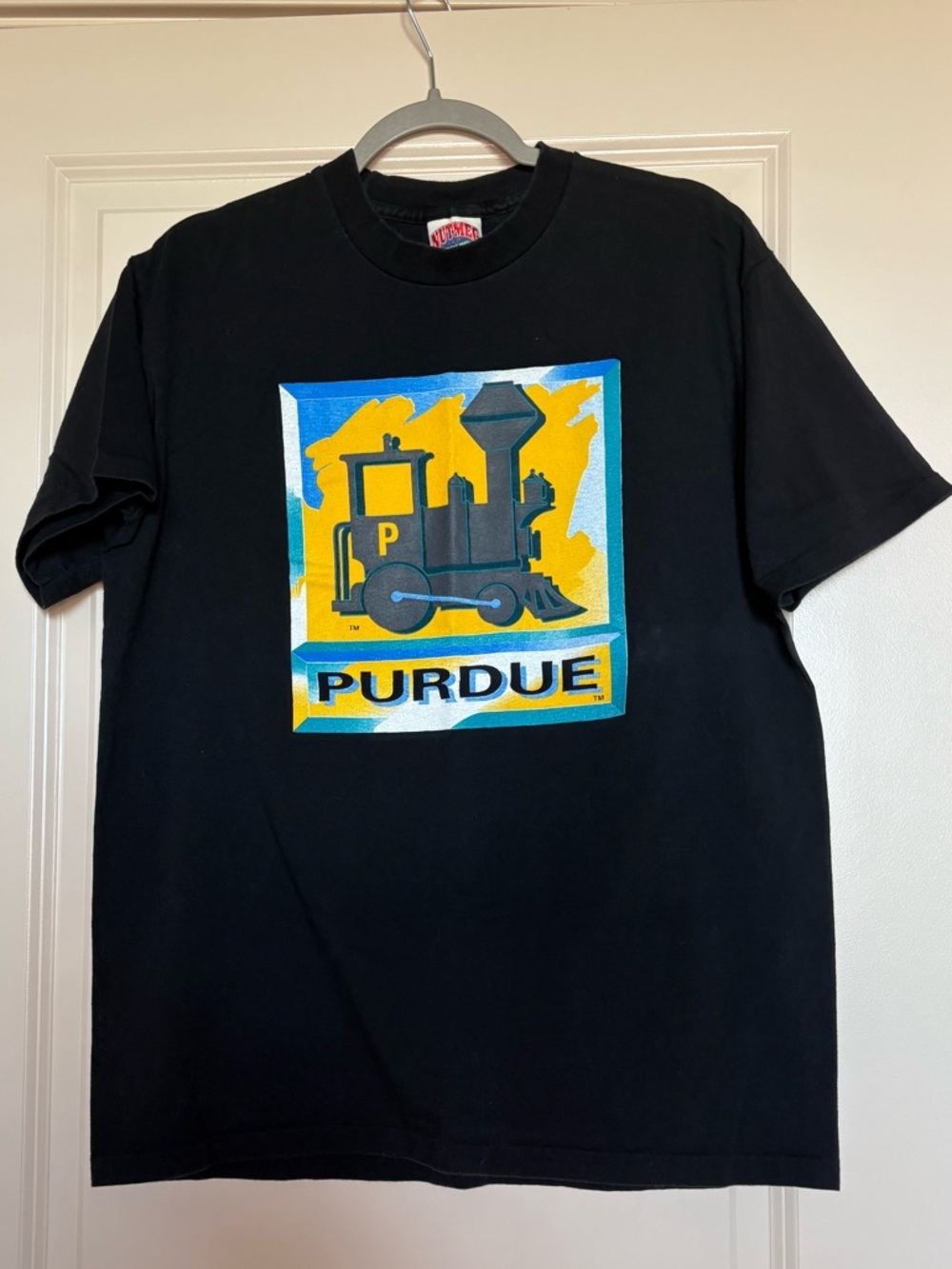 Vintage 90s Nutmeg Mills Purdue Boilermakers Colorful Train Graphic T-Shirt RARE